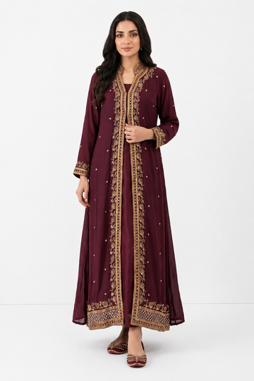 Royal Burgundy Embellished Open-Front Longline Jacket Set