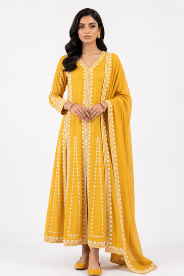 Mustard Yellow Chikankari Anarkali Kurta Set