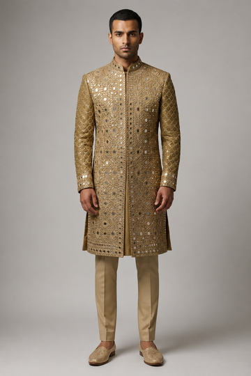 Opulent Gold Mirror-Embellished Sherwani Set